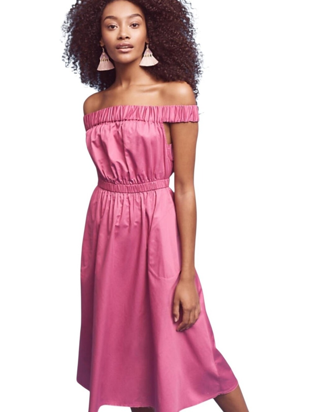 Anthropologie Maeve Fuschia Pink Cotton Off-the-Shoulder Midi Dress Size Small